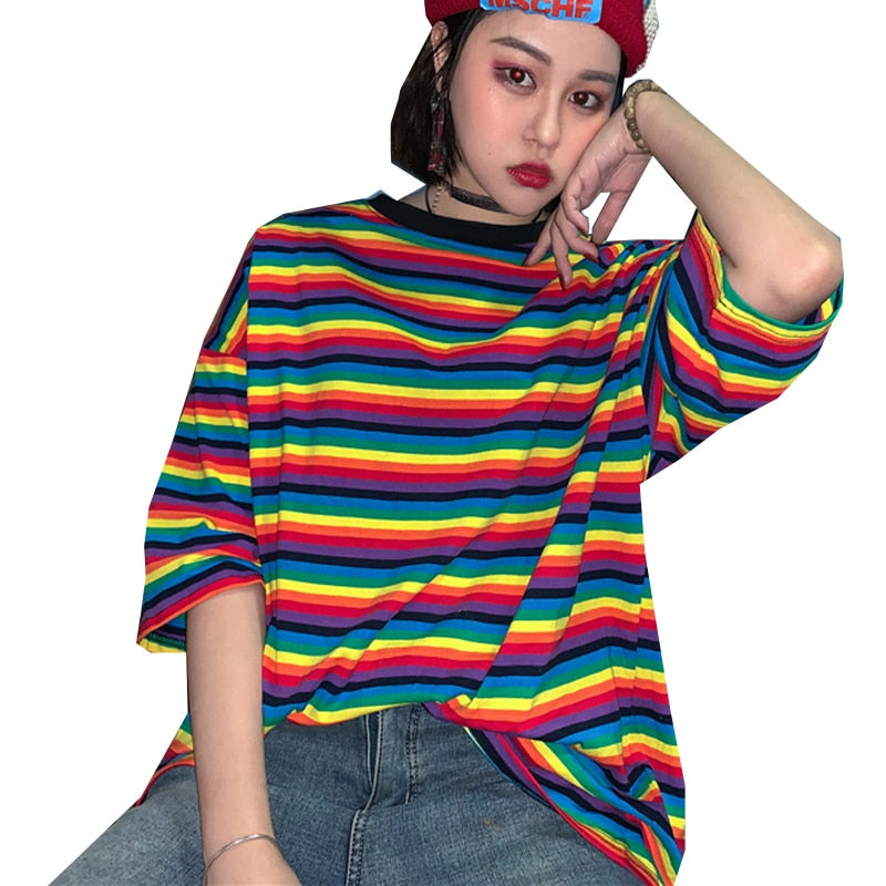 Rainbow Striped O-neck Short Sleeve T-Shirt