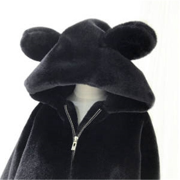 Fur Cute Bear Ears Velvet Jacket - Black / S