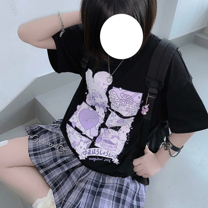 Black Harajuku Kawaii Print T-Shirt - M