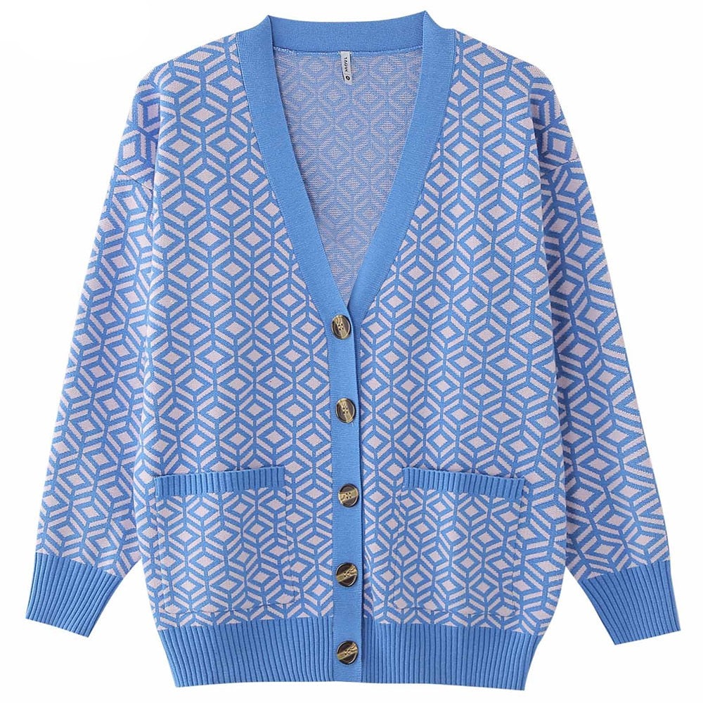 Diamond Pattern Loose Knit Cardigan - Blue / S