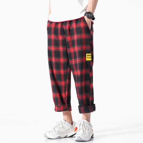 Plaid Pattern Trouser Joggers Pants - Red / XXL