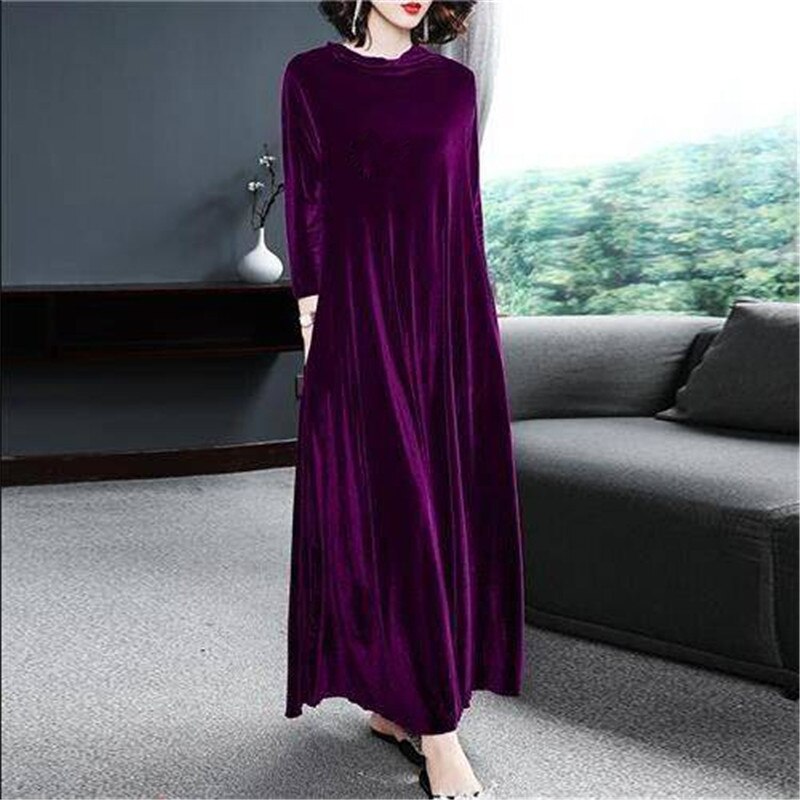 Winter Vintage Loose Velvet Long Dress - purple / M