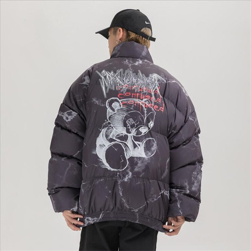 Hip Hop Hurt Bear Print Oversize Parka Coat - WINTER COATS