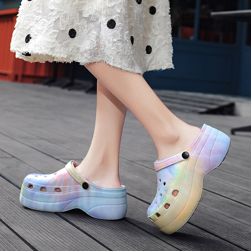Platform Clogs Rainbow Print High Heel Sandals
