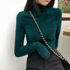 Solid Color Velvet Turtleneck Long Sleeve Blouse - Green / M