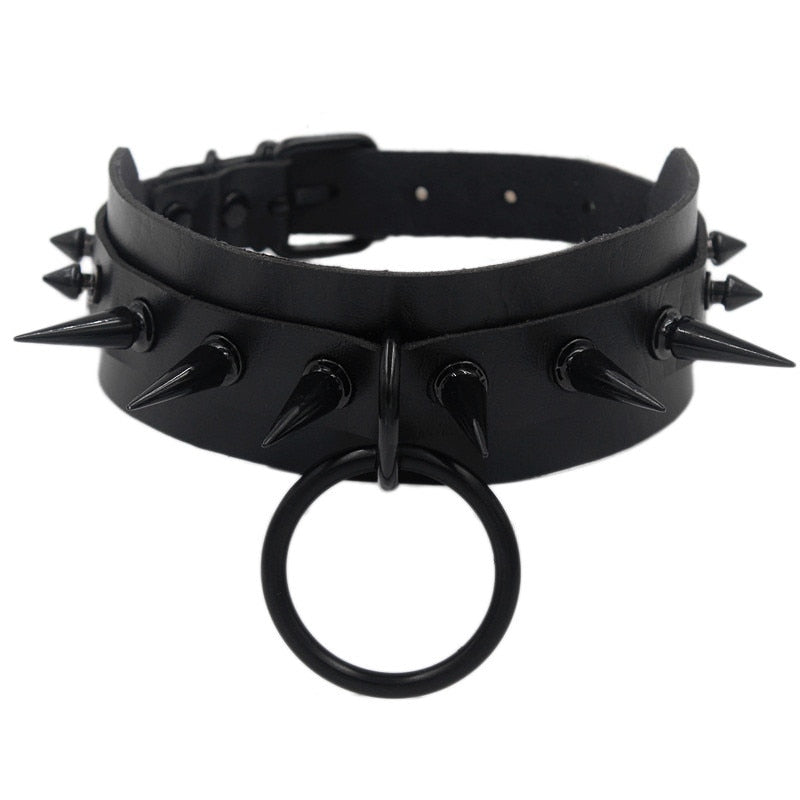 Gothic Punk O-ring Spike Collar Studded - Black / One Size