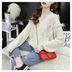 Tassel V-neck Solid Color Knitted Sweater - WHITE / S