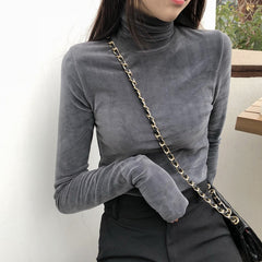 Solid Color Velvet Turtleneck Long Sleeve Blouse - Gray / M