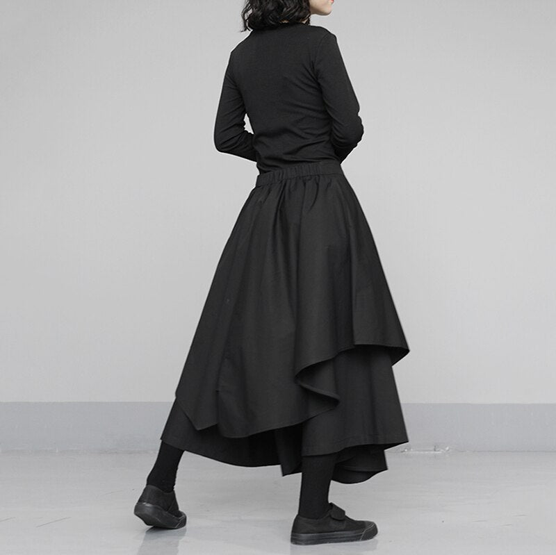 High Waist Black Asymmetrical Wide Leg Skirt