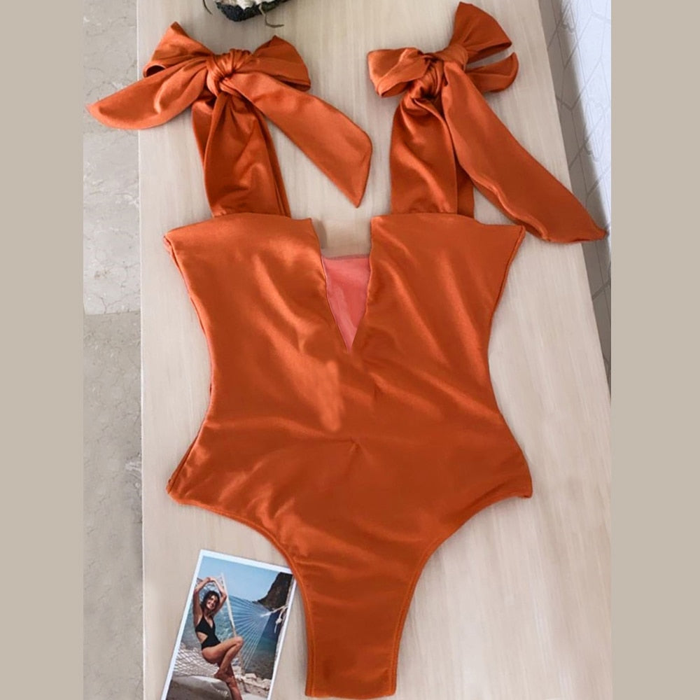 Shoulder Strappy One Piece Swimsuit - Orange / S