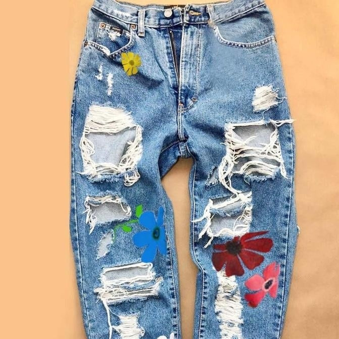 Distressed With Printed Flowers Pants - Blue / S