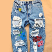 Thumbnail for Distressed With Printed Flowers Pants - Blue / S