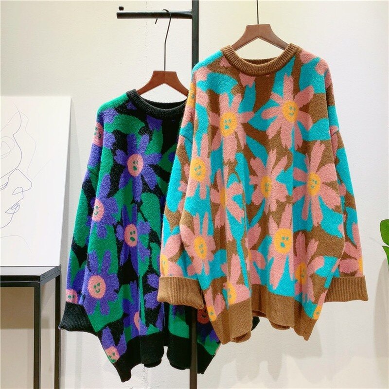 Smiling Flowers Contrast Color Knitted Oversize Sweater