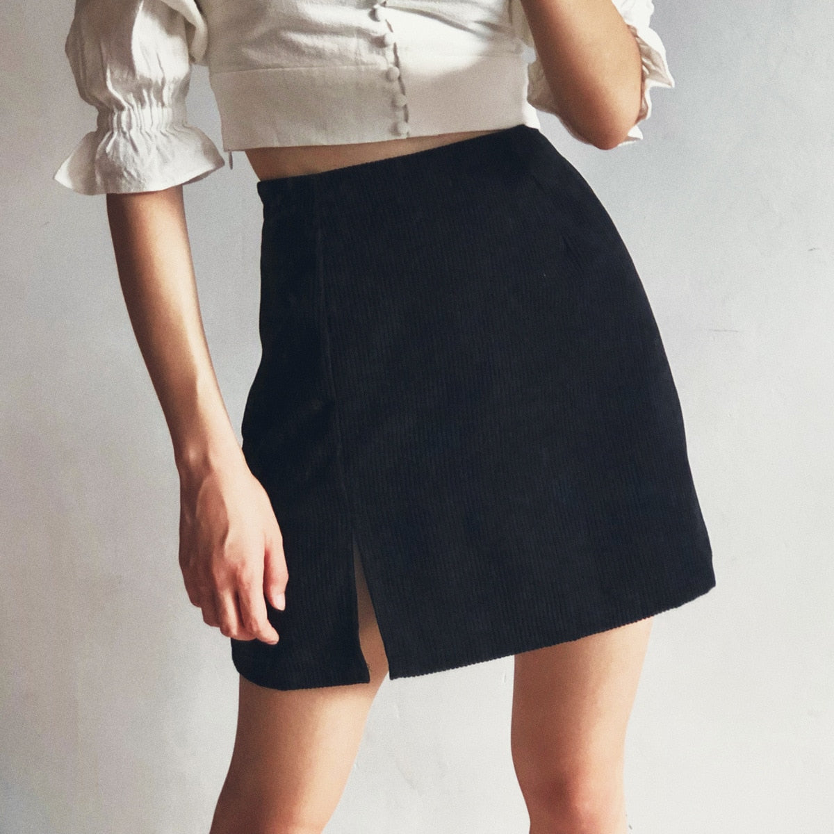 Corduroy High Waist Mid-Length Skirt