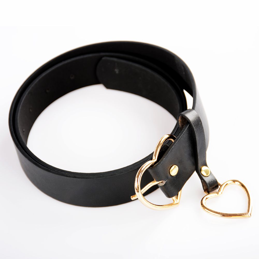 Heart Buckle Black PU Leather Belt - Gold / 105CM