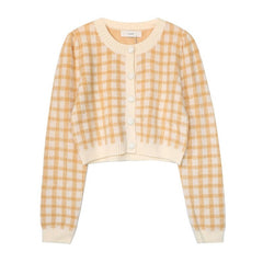 Vintage Plaid Short Knitted Sweater - Yellow plaid / One