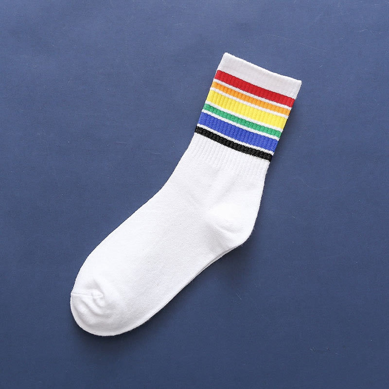 Colorful Stripes Cotton Socks - White-Rainbow / One Size