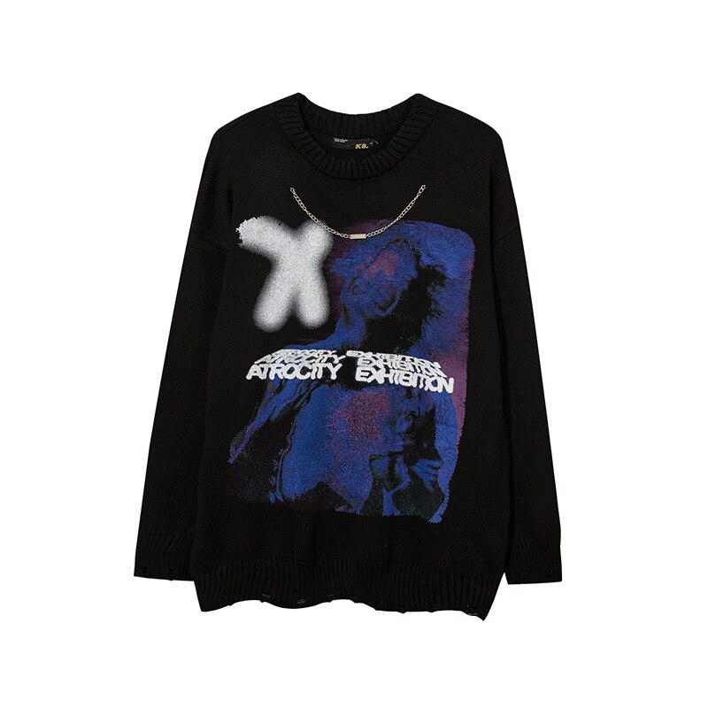 Punk Goth Streetwear Knitted Sweater - BLACK / XXL