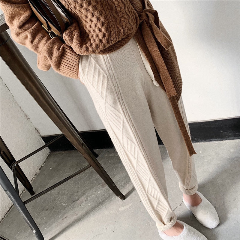 Pants Wide and Braided For Winter - Rice white / One Size