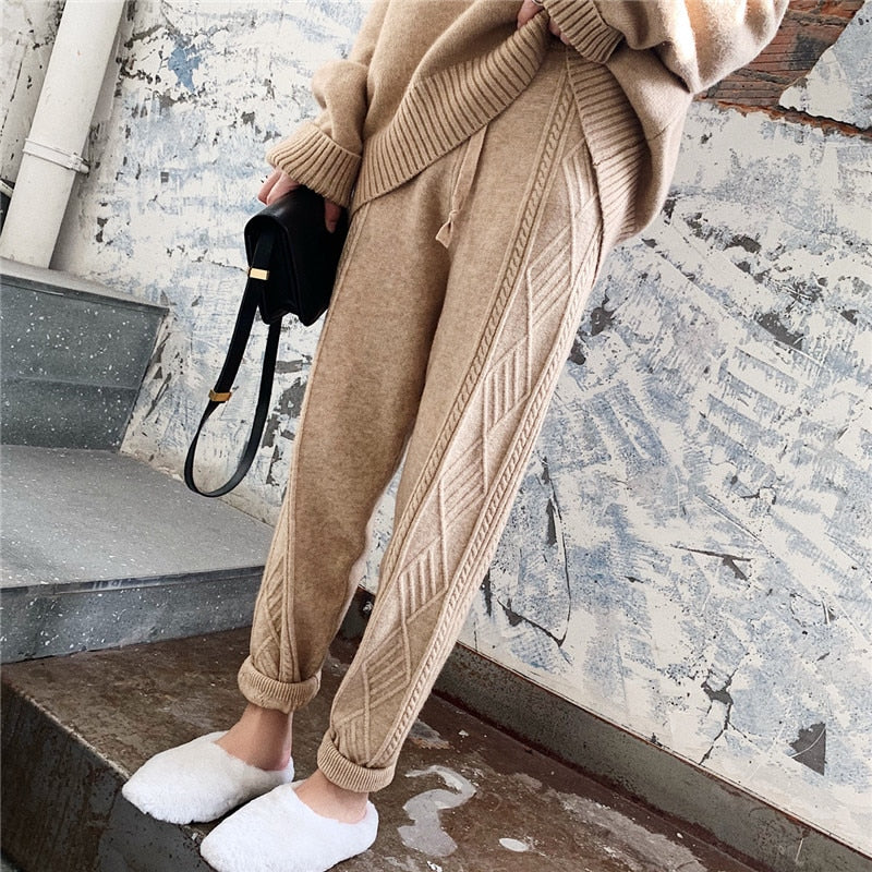 Pants Wide and Braided For Winter - Khaki / One Size