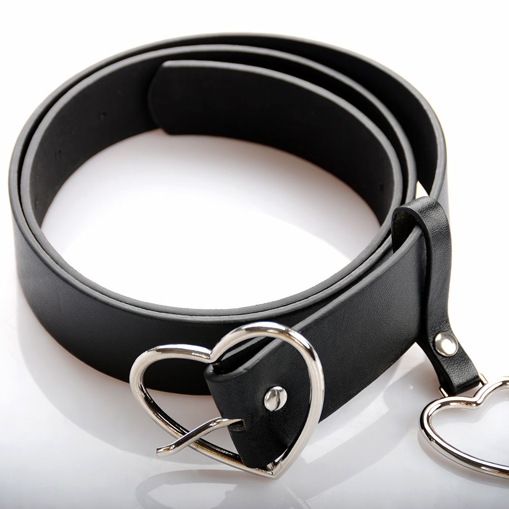 Heart Buckle Black PU Leather Belt - Silver / 105CM