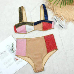 Contrast Color Patchwork High Waist Bikini