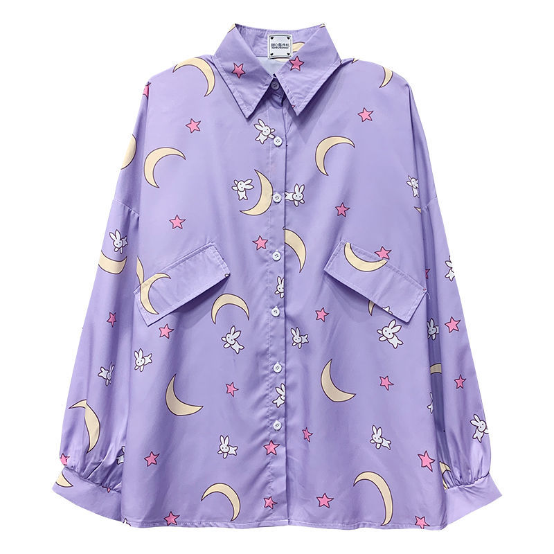 Korean Kawaii Moon Rabbit Shirt - Purple / M