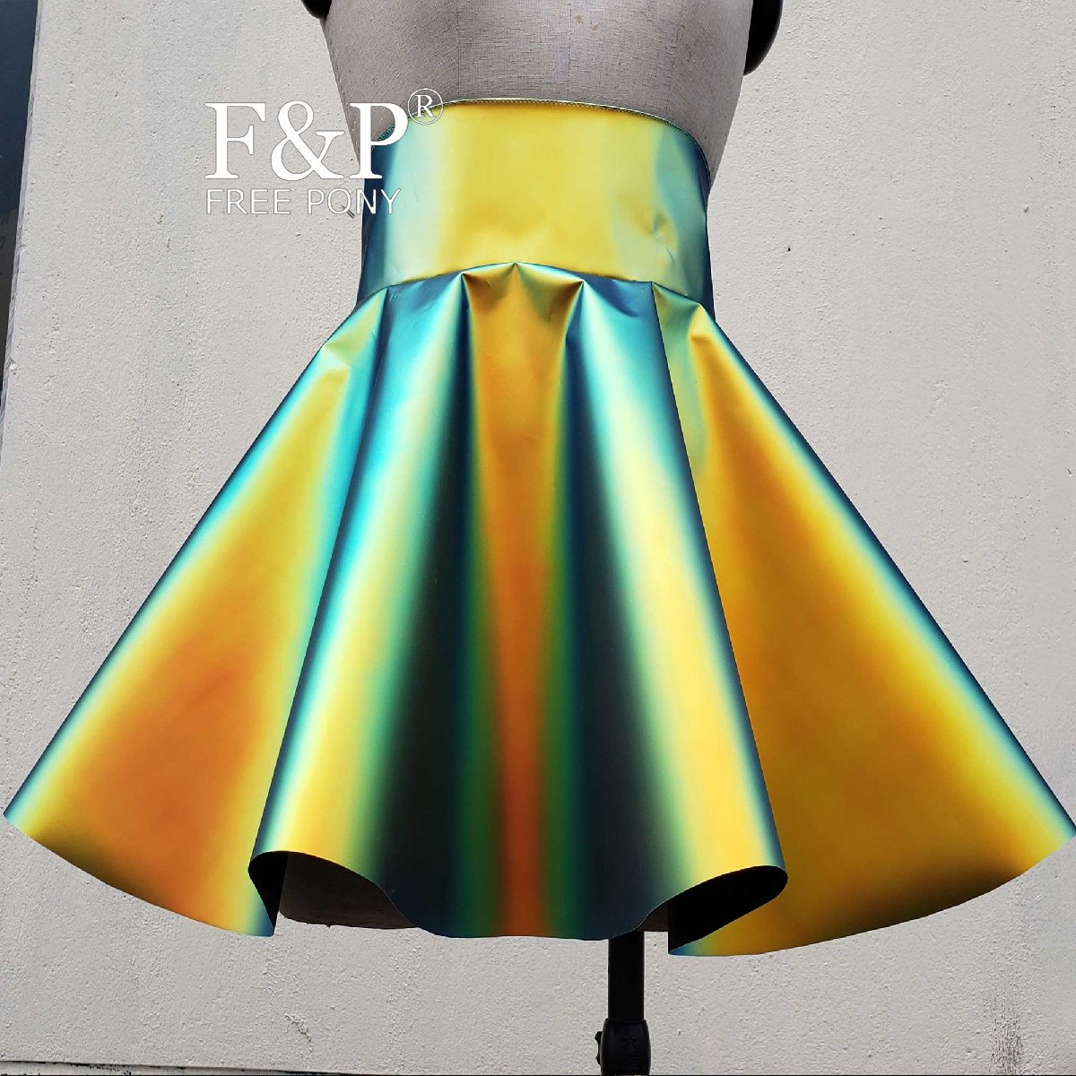 Holographic Rainbow Iridescent PVC High Waist Skirt - Yellow