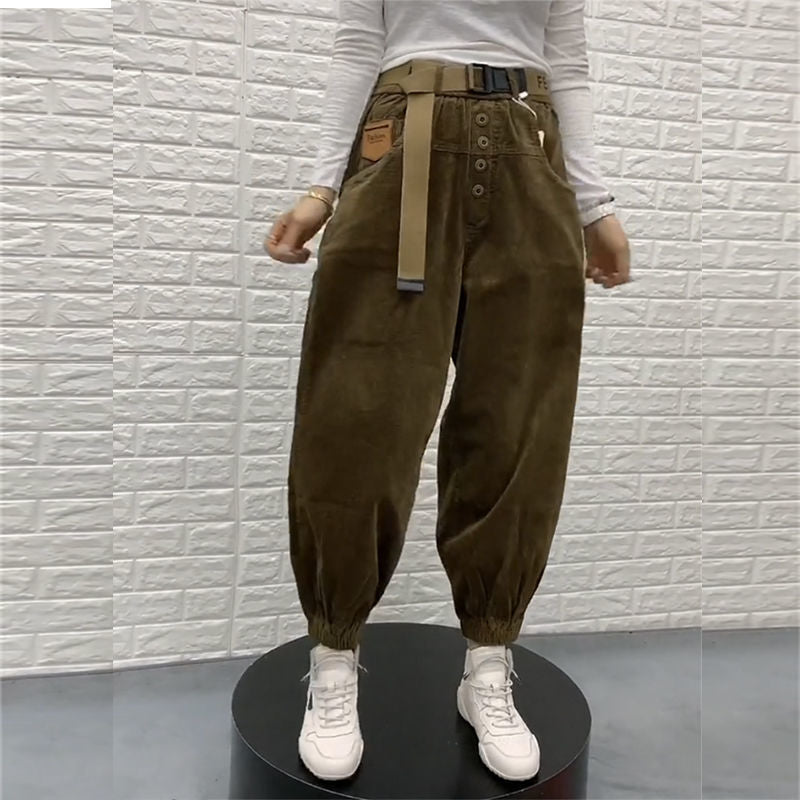 Waisted Button Solid Pants - Brown / S