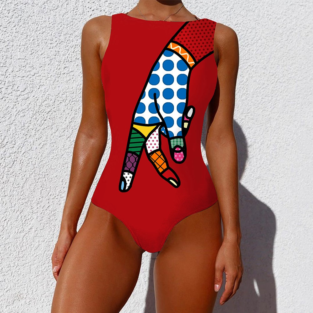 Abstract Colorful Graffiti One-Piece Swimsuit - Red / S