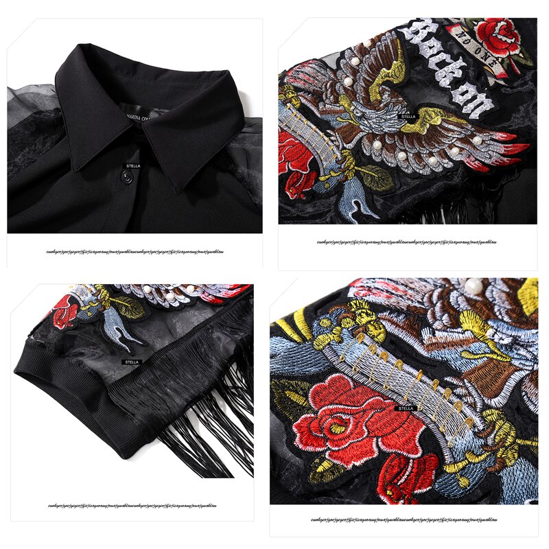 Eagle Embroidery Mesh Shirt Dress - Black / One Size