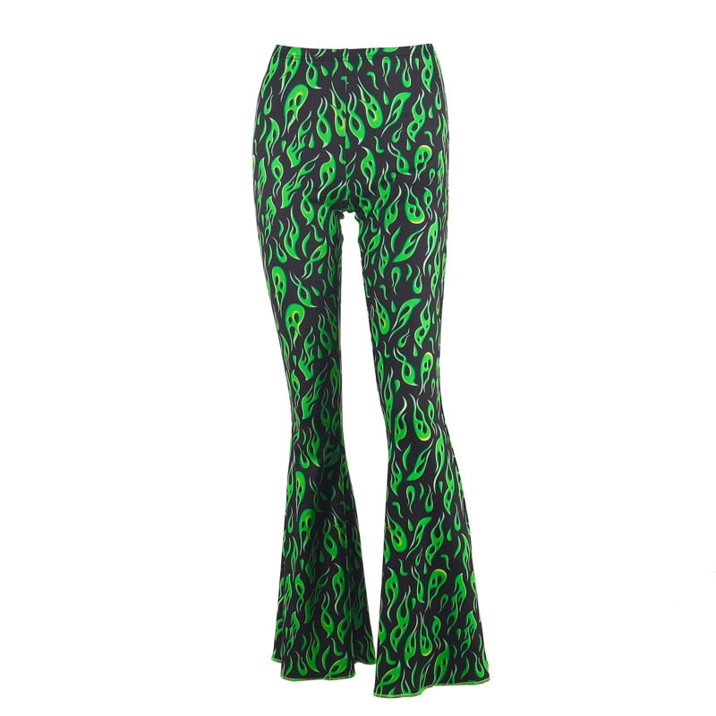 Black Neon Greent Flare Long Pants