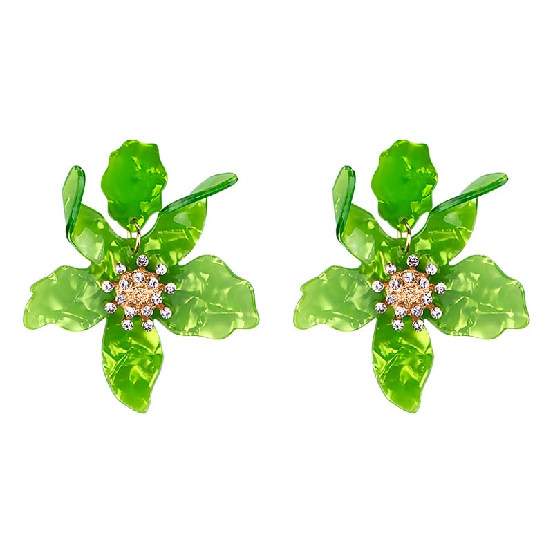Long Flower Earrings - Green / One Size