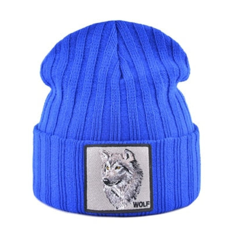 Wolf Patch Knitted Winter Soft Beanie - Blue / One Size