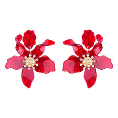 Long Flower Earrings - Red / One Size