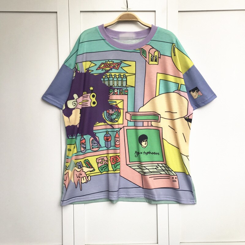 Retro Bang Carton Mixed Harajuku Loose T-shirt - Green / S -
