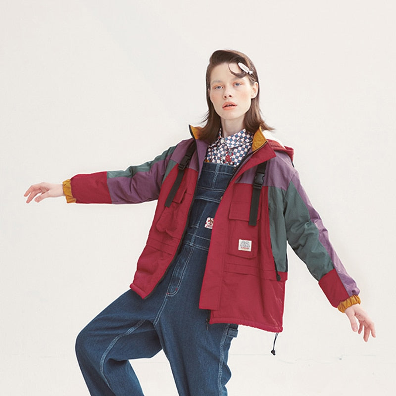 Color Block Loose Patched Pocket Thick Coat
