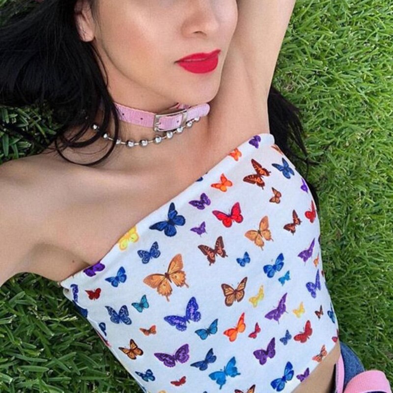 Colorful Butterfly Sleeveless Crop Top - Tube