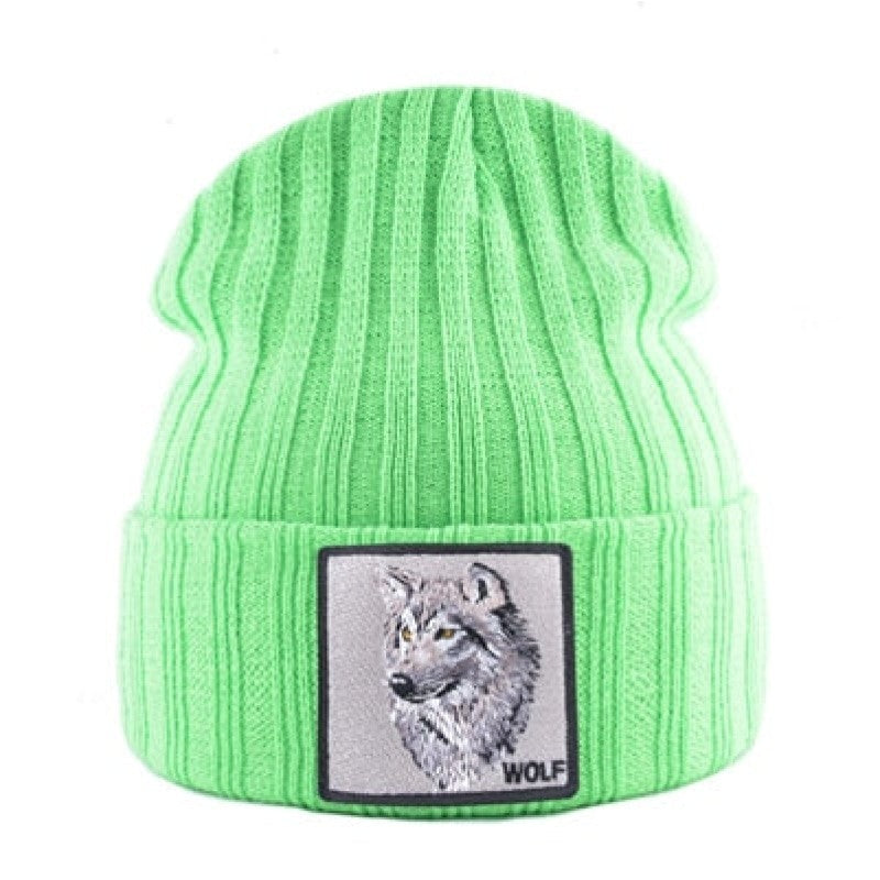 Wolf Patch Knitted Winter Soft Beanie - Green / One Size