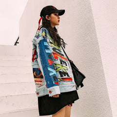 Fashion Loose Patch Hip Hop Denim Jacket - Jackets