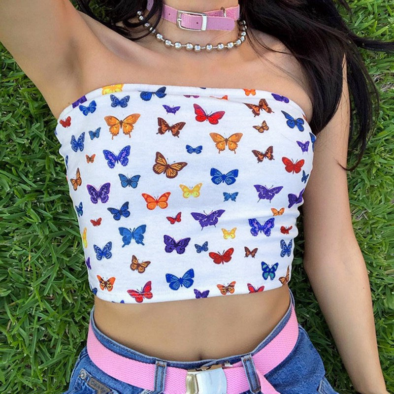 Colorful Butterfly Sleeveless Crop Top - S / White - Tube