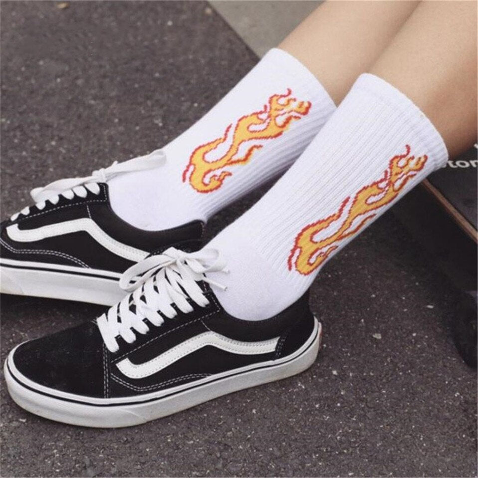 Fashion Hip Hop Flame Blaze Sock - White / One Size