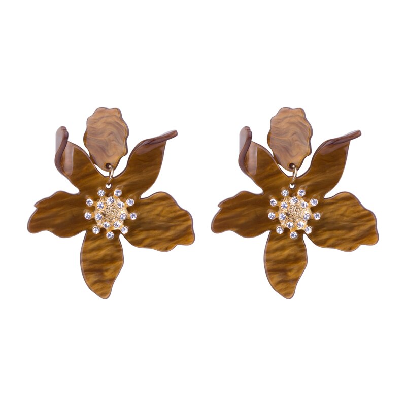 Long Flower Earrings - Brown / One Size