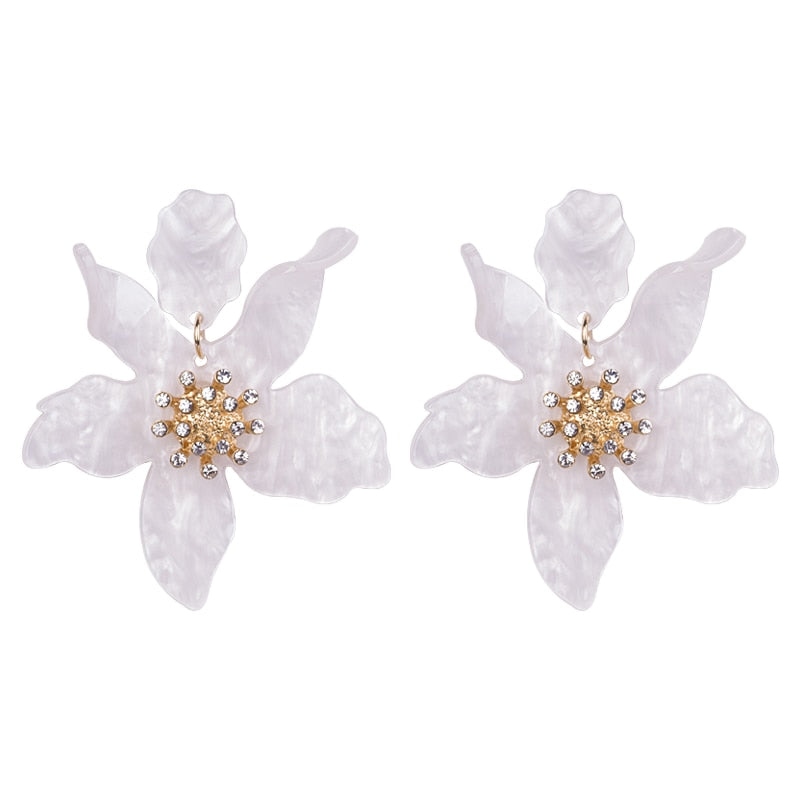 Long Flower Earrings - White A / One Size
