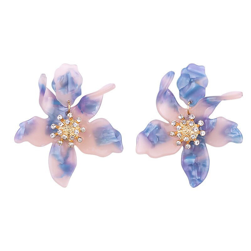 Long Flower Earrings - Blue-Pink / One Size
