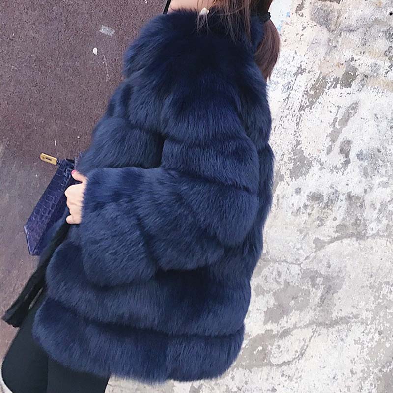 Solid Shaggy Fluffy Faux Fur Warm Jacket - Blue. / S