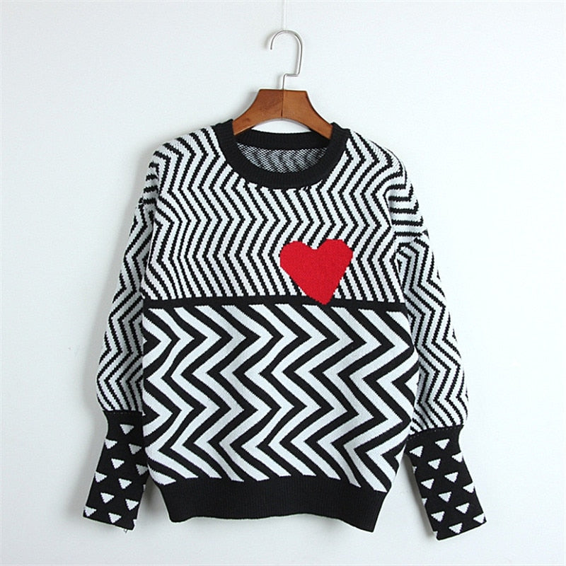 Geometric Heart Pattern Pullovers Knitted Sweater - One Size