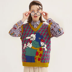 Cartoon Animals Loose V-Neck Knitted Vest - One Size / MULTI