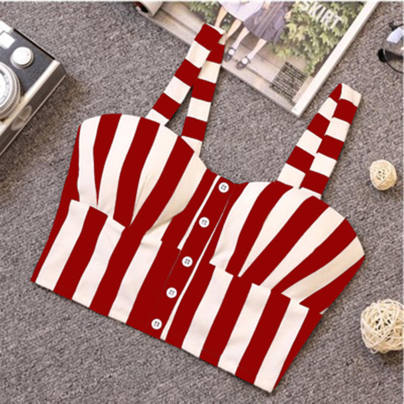Sexy Sleeveless Slim Low Chest Crop Top - red striped / XS