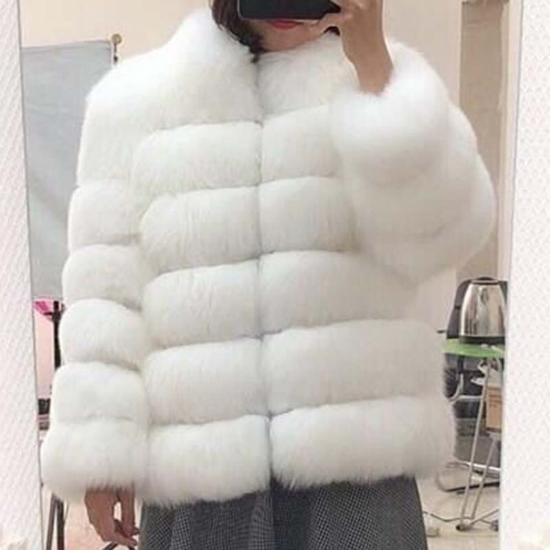 Solid Shaggy Fluffy Faux Fur Warm Jacket - White / S